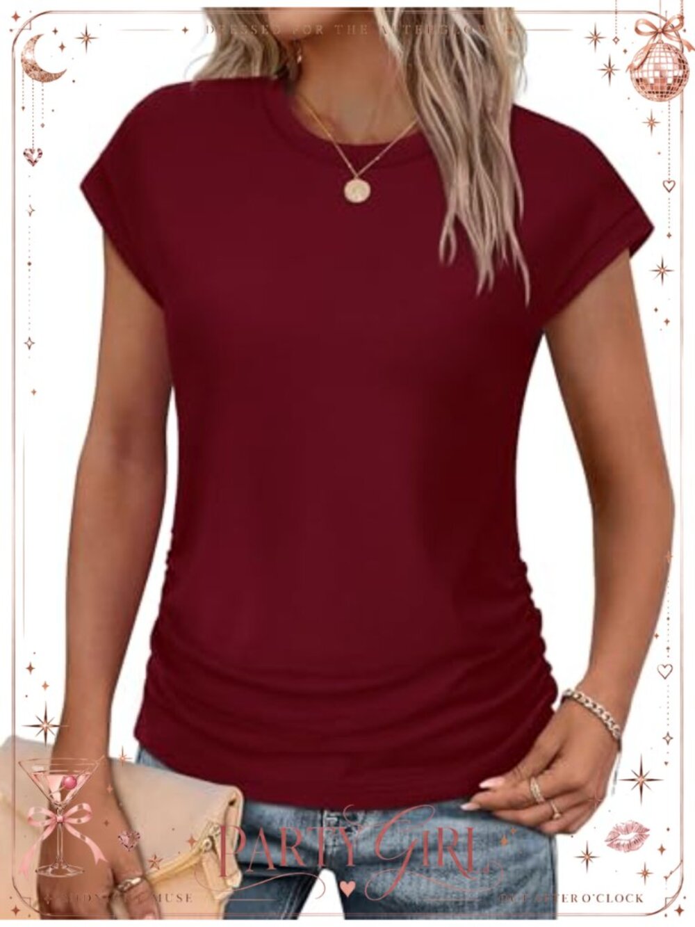 Women's Ruched Side Cap Sleeve Crew Neck T-Shirt Loose Fit Summer Top